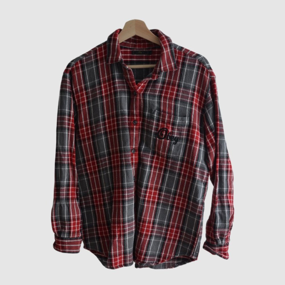 Obey Plaid Flannel Button-Up Shirt – Red/Black, Size S